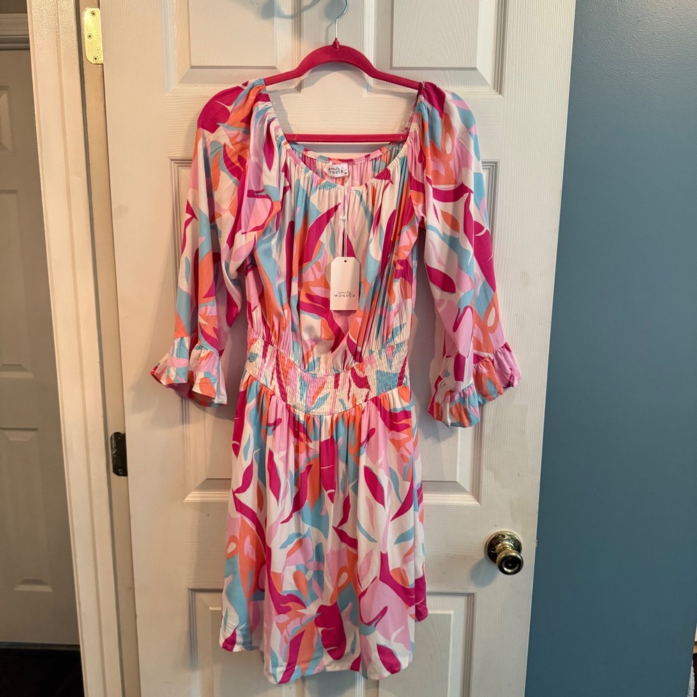 Emily Wonder Women's Pink Orange Blue Print Dress Smocked Waist Size M